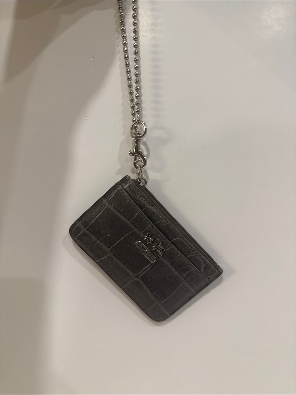 Coach Grey Croc-Embossed Leather Card Case with Chain Charm